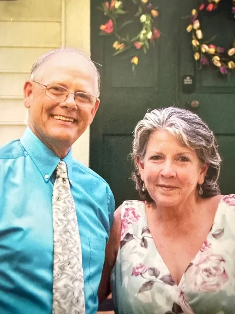 Carol and Greg, owners of Wrexham Hall, at the front door